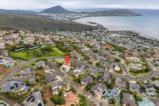 aerial view with a water and mountain view