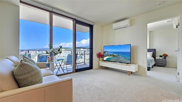 carpeted living room with floor to ceiling windows and an AC wall unit