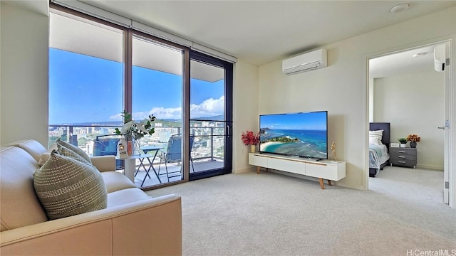 carpeted living room with a wall unit AC and expansive windows