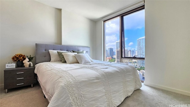 bedroom with a wall of windows and light colored carpet