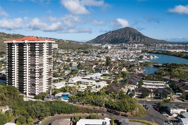 bird's eye view with a water and mountain view