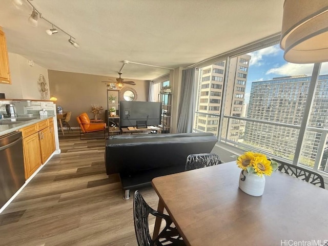 dining room with dark wood-type flooring, ceiling fan, a healthy amount of sunlight, and sink