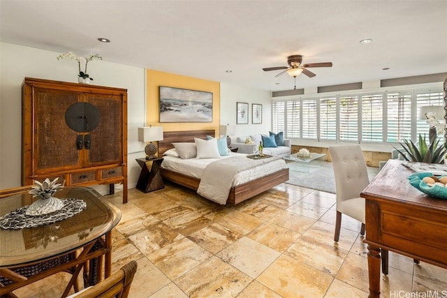 bedroom featuring a ceiling fan and recessed lighting