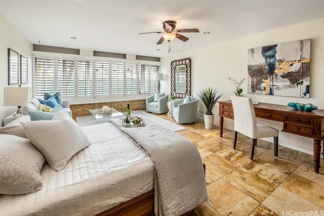 bedroom featuring ceiling fan and recessed lighting