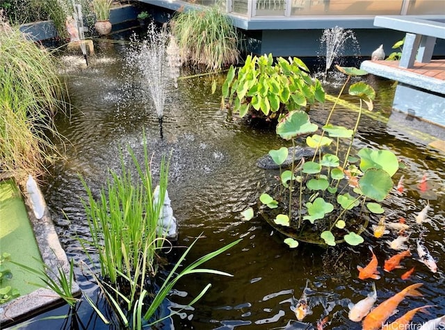 exterior details with a small pond