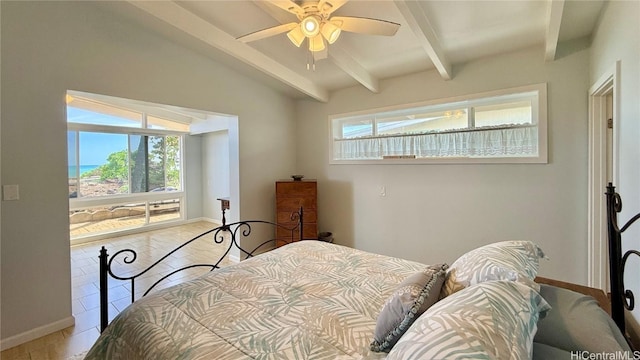 tiled bedroom with lofted ceiling with beams and ceiling fan