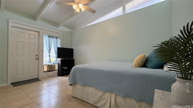 tiled bedroom with ceiling fan and lofted ceiling with beams