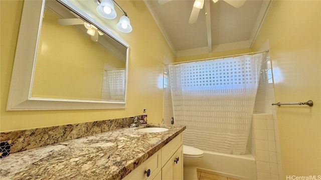 full bathroom featuring toilet, ornamental molding, shower / bathtub combination with curtain, vanity, and ceiling fan