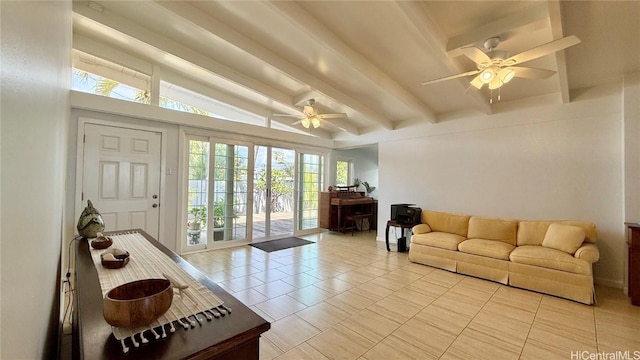 tiled living room featuring beam ceiling and ceiling fan