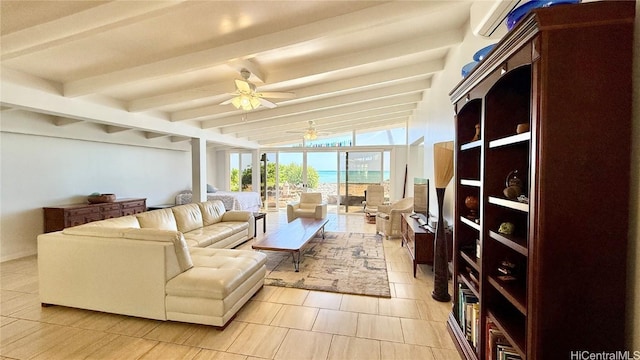 living room with lofted ceiling with beams and ceiling fan