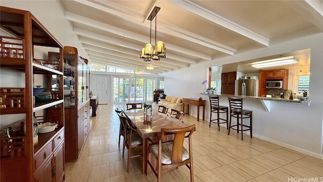 tiled dining room with beam ceiling and a notable chandelier