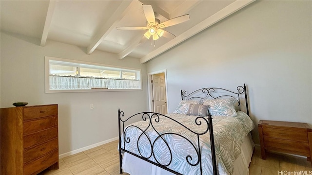 tiled bedroom featuring vaulted ceiling with beams and ceiling fan