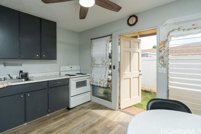 kitchen featuring ceiling fan, white electric range, sink, and light wood-type flooring