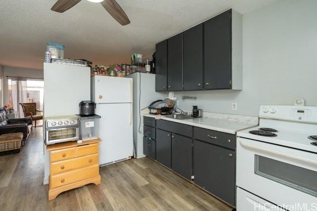 kitchen featuring sink, white appliances, ceiling fan, light hardwood / wood-style floors, and a textured ceiling