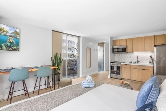 kitchen featuring sink, tasteful backsplash, light wood-type flooring, a kitchen breakfast bar, and stainless steel appliances