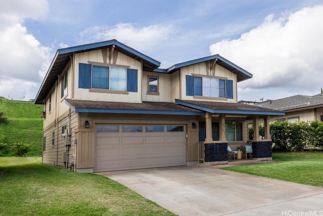 craftsman house featuring a garage, a front lawn, and a porch