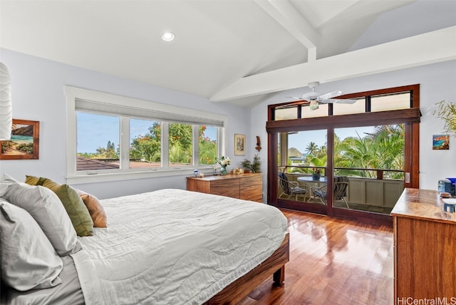 bedroom with wood-type flooring, access to exterior, and vaulted ceiling with beams