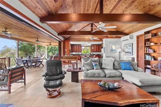 living room with lofted ceiling with beams, wood ceiling, and a wall unit AC