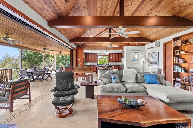 314 Lapa Pl, Kailua, HI 96734 - living room featuring a ceiling fan, a wall mounted air conditioner, and wooden ceiling
