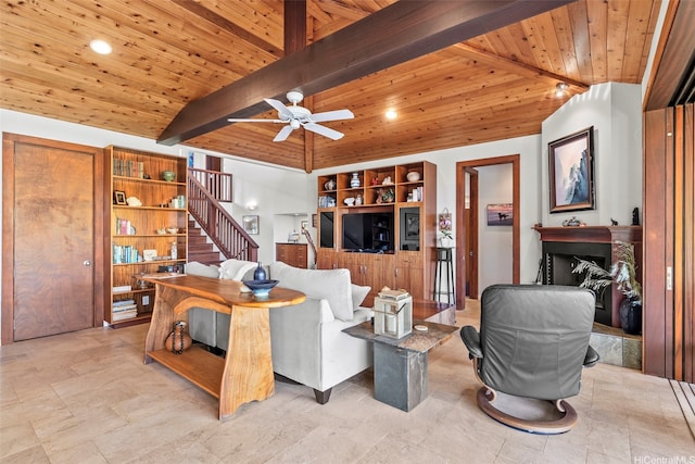 314 Lapa Pl, Kailua, HI 96734 - living room with stairway, a fireplace, a ceiling fan, and wooden ceiling