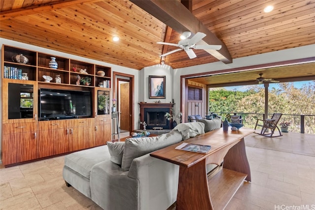 living room with built in shelves, lofted ceiling with beams, wooden ceiling, and ceiling fan