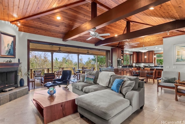 living room with wood ceiling, lofted ceiling with beams, and ceiling fan