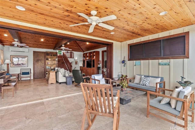 living room with beam ceiling, ceiling fan, a wall mounted AC, and wood ceiling