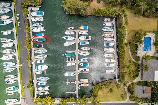 drone / aerial view featuring a water view