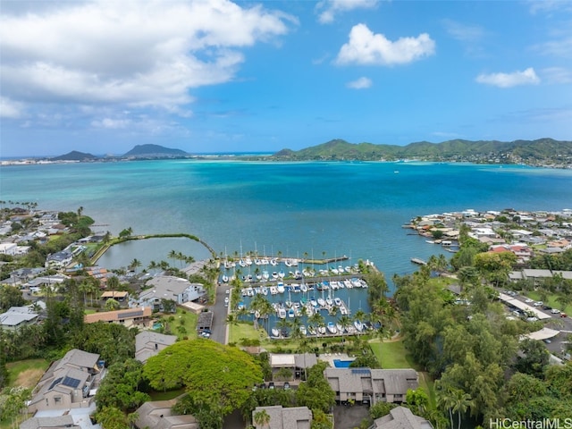 drone / aerial view with a water and mountain view