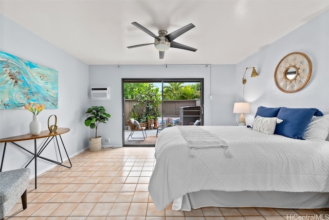 bedroom featuring ceiling fan, baseboards, light tile patterned flooring, a wall mounted AC, and access to outside