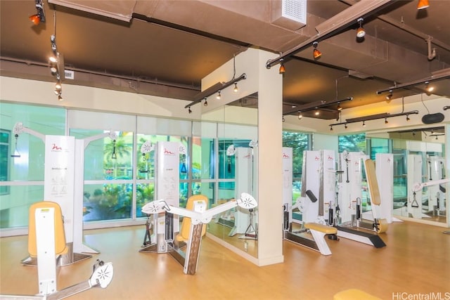 exercise room with rail lighting