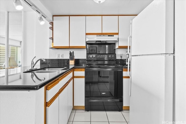 kitchen with sink, black electric range, white cabinets, and white refrigerator