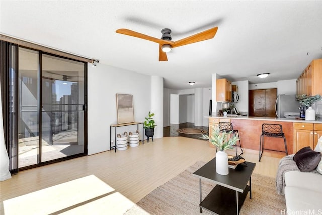 living room featuring ceiling fan and light wood-type flooring