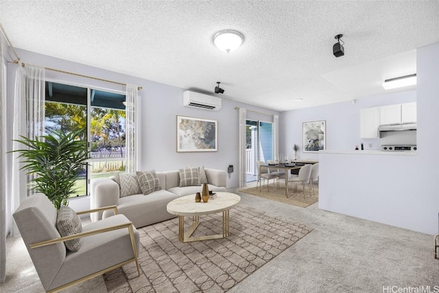 living room featuring a wall mounted air conditioner, light colored carpet, and a textured ceiling