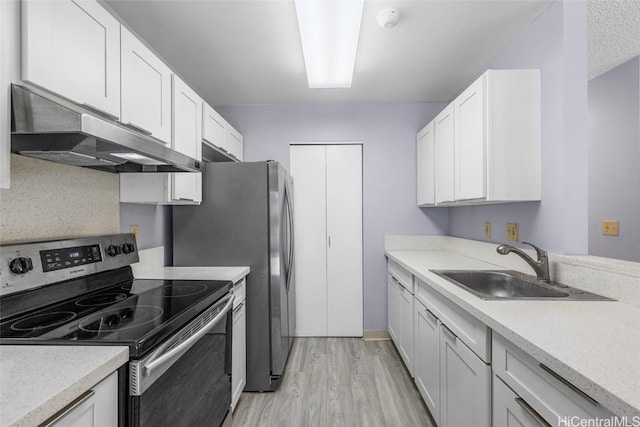 kitchen featuring white cabinetry, stainless steel electric stove, sink, and light wood-type flooring