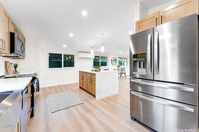 kitchen featuring hanging light fixtures, stainless steel refrigerator with ice dispenser, light brown cabinets, and light hardwood / wood-style floors