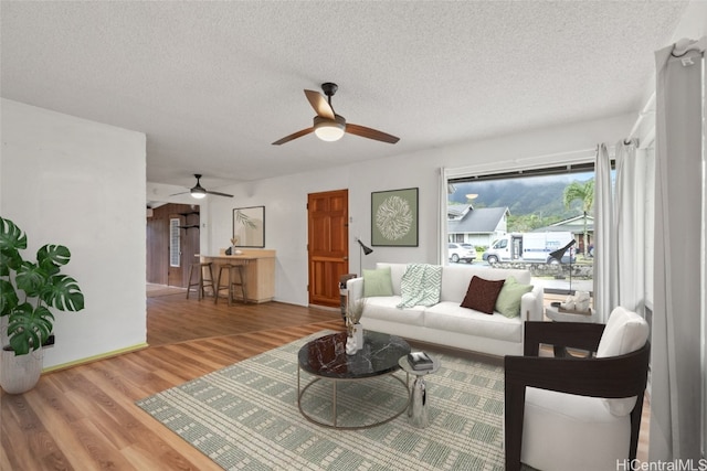 living room with hardwood / wood-style flooring and a textured ceiling