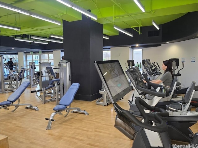 workout area with hardwood / wood-style flooring