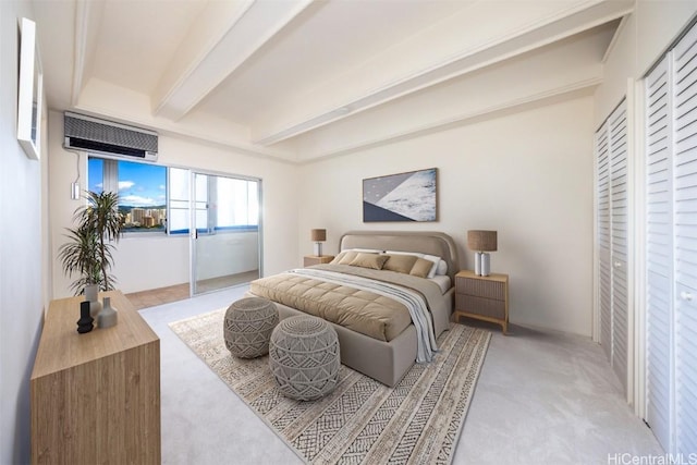 bedroom featuring beamed ceiling, light colored carpet, and a wall unit AC