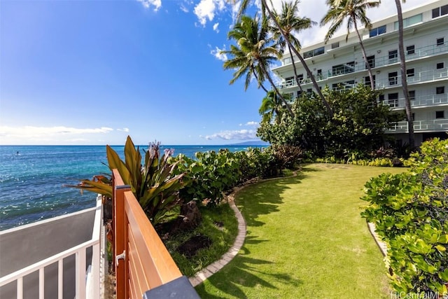 exterior space with a water view