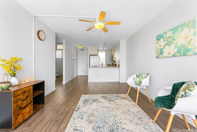 living area with ceiling fan, dark hardwood / wood-style flooring, and track lighting