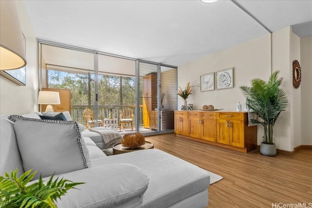 living area with a wall of windows, light wood-style flooring, and baseboards