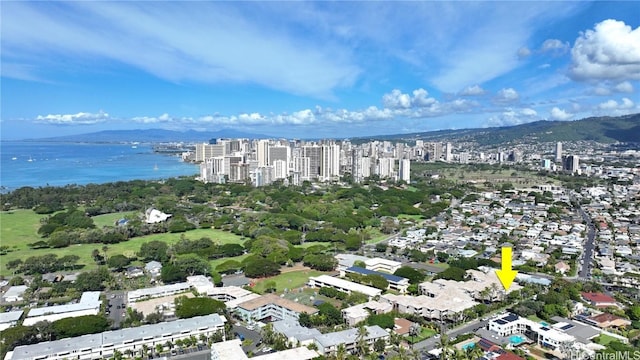 bird's eye view with a water and mountain view