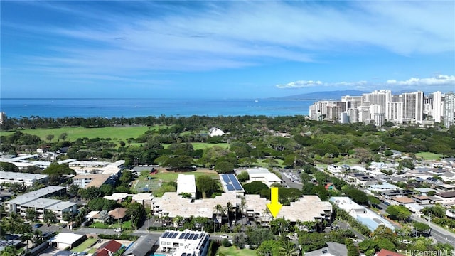 drone / aerial view with a water view