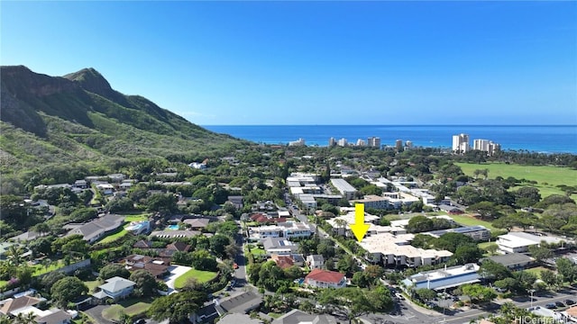 bird's eye view featuring a water and mountain view