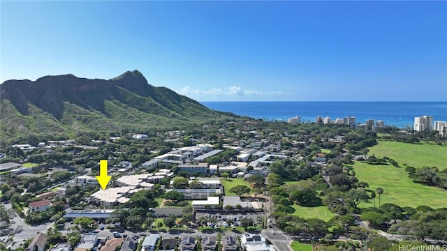 birds eye view of property with a water and mountain view