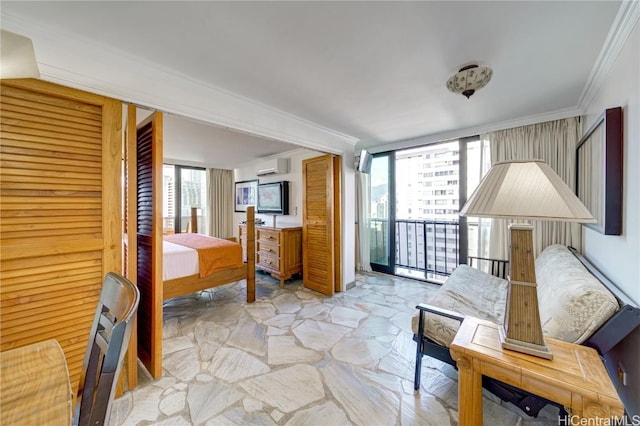 bedroom featuring access to exterior, a wall of windows, ornamental molding, and an AC wall unit