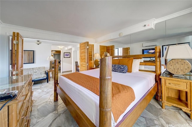 bedroom featuring a wall mounted air conditioner and ornamental molding