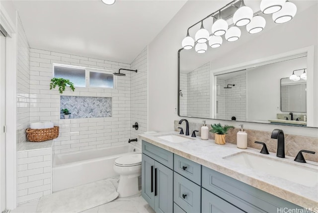 bathroom with toilet, marble finish floor, a sink, and bathing tub / shower combination