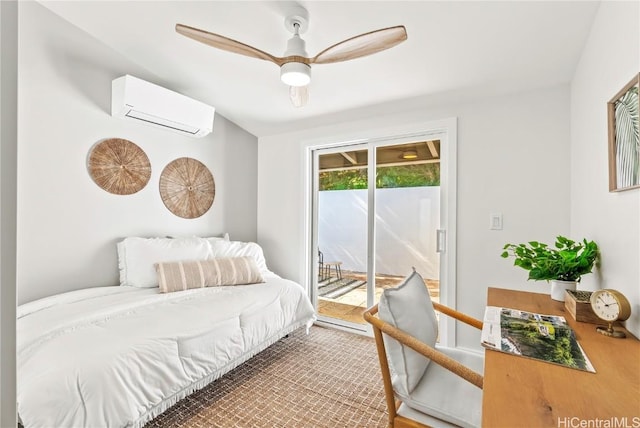 bedroom with a wall unit AC, access to exterior, and a ceiling fan